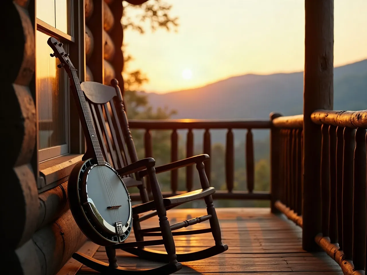An open-back banjo leaning against a rocking chair on a mountain porch at golden hour