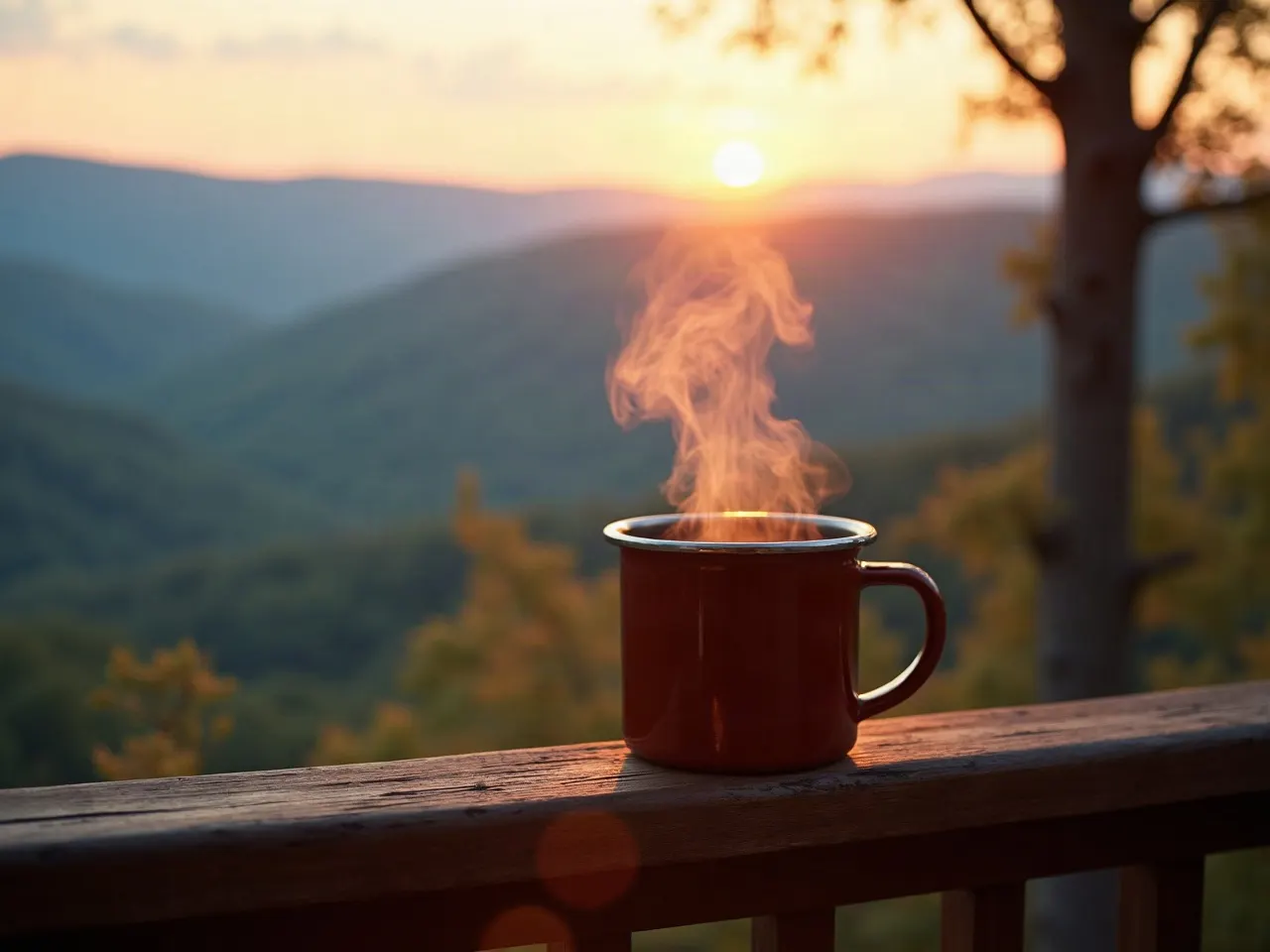 Steaming mug of coffee on a porch rail at sunrise with layered blue mountains behind