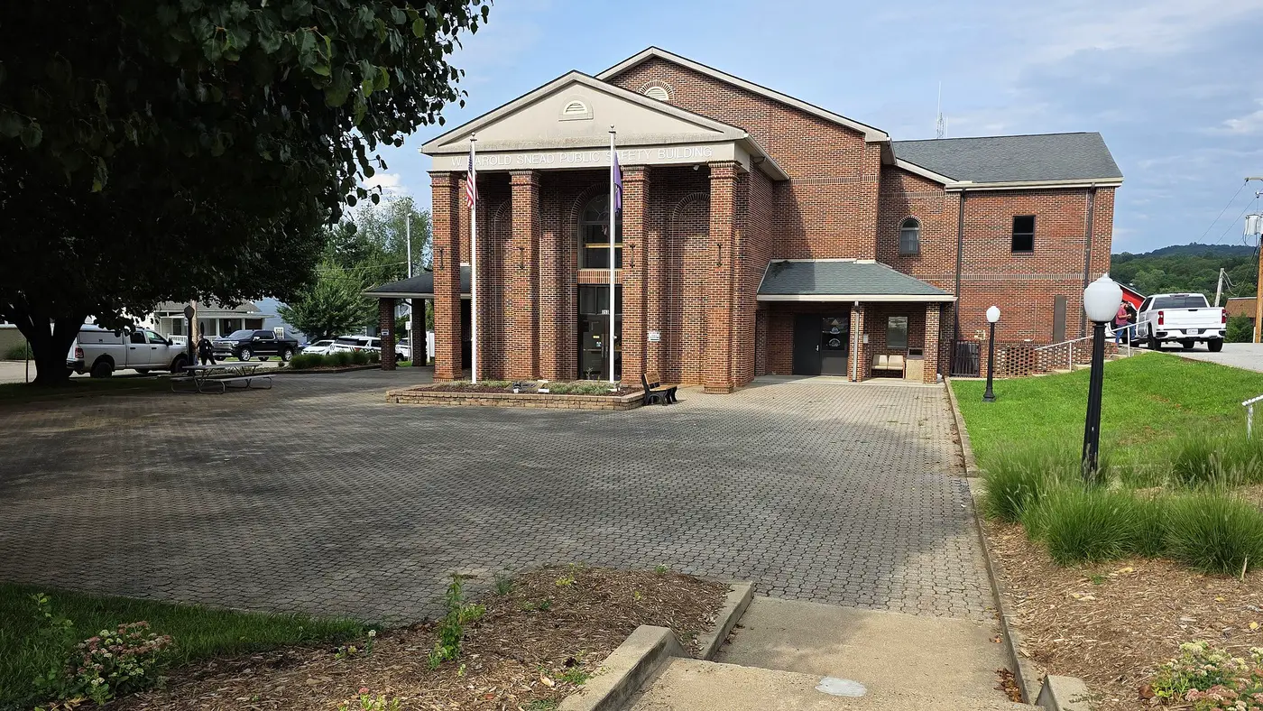 Brick civic architecture and open plaza in downtown Galax