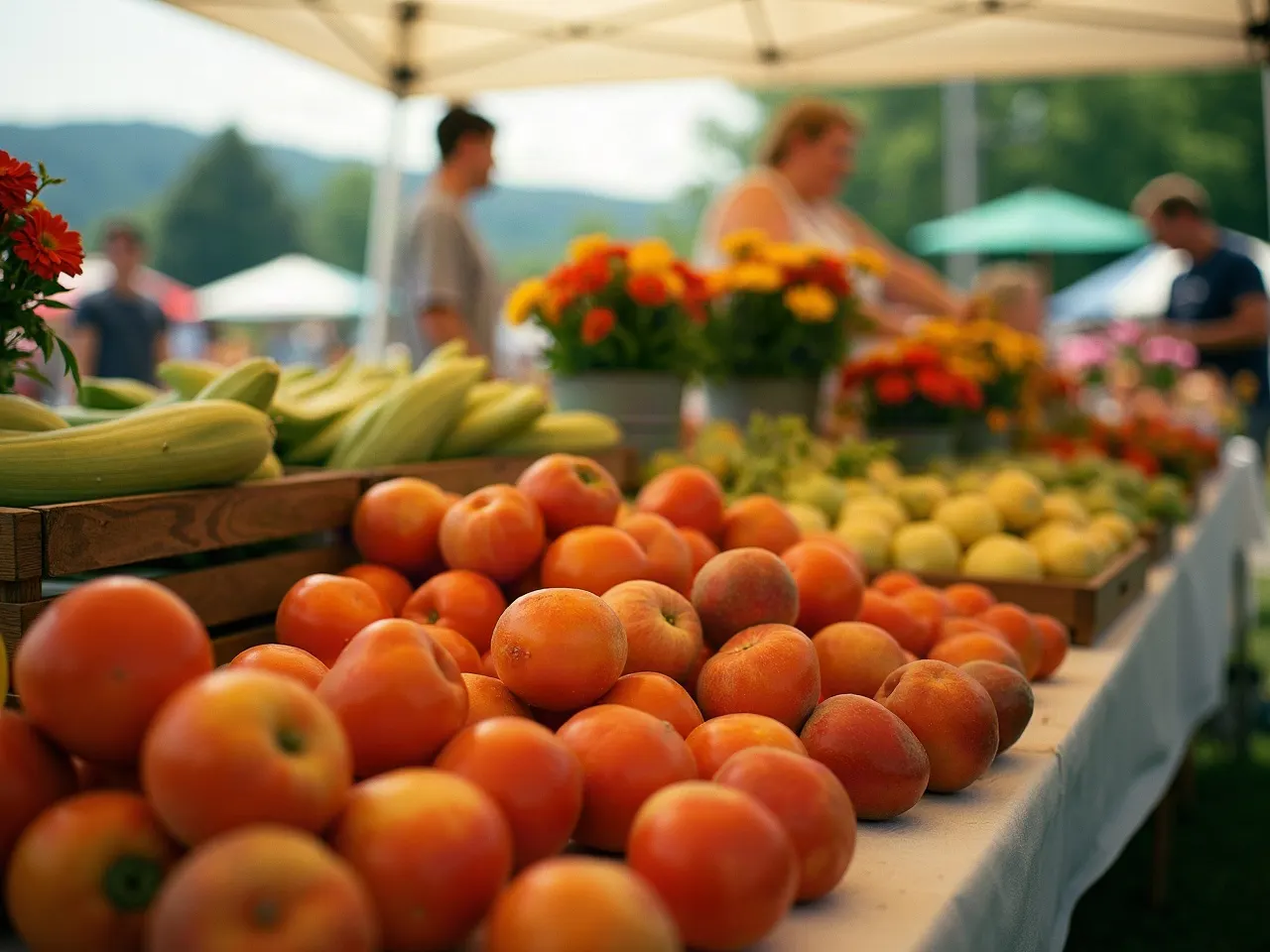 A farmers market table heaped with tomatoes, peaches, corn and buckets of cut flowers under a white canopy