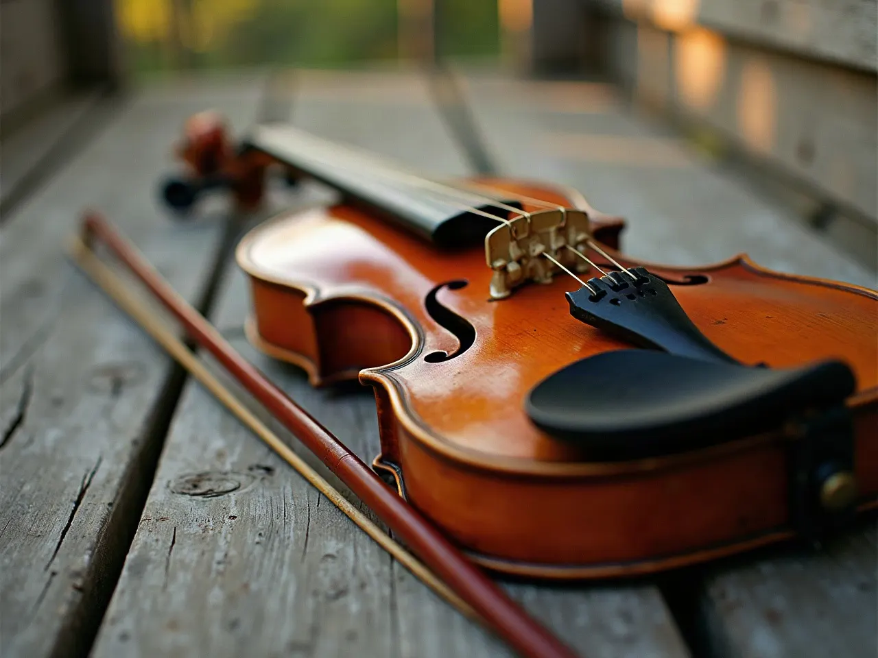 A well-worn old-time fiddle and bow resting on weathered porch boards in warm afternoon light