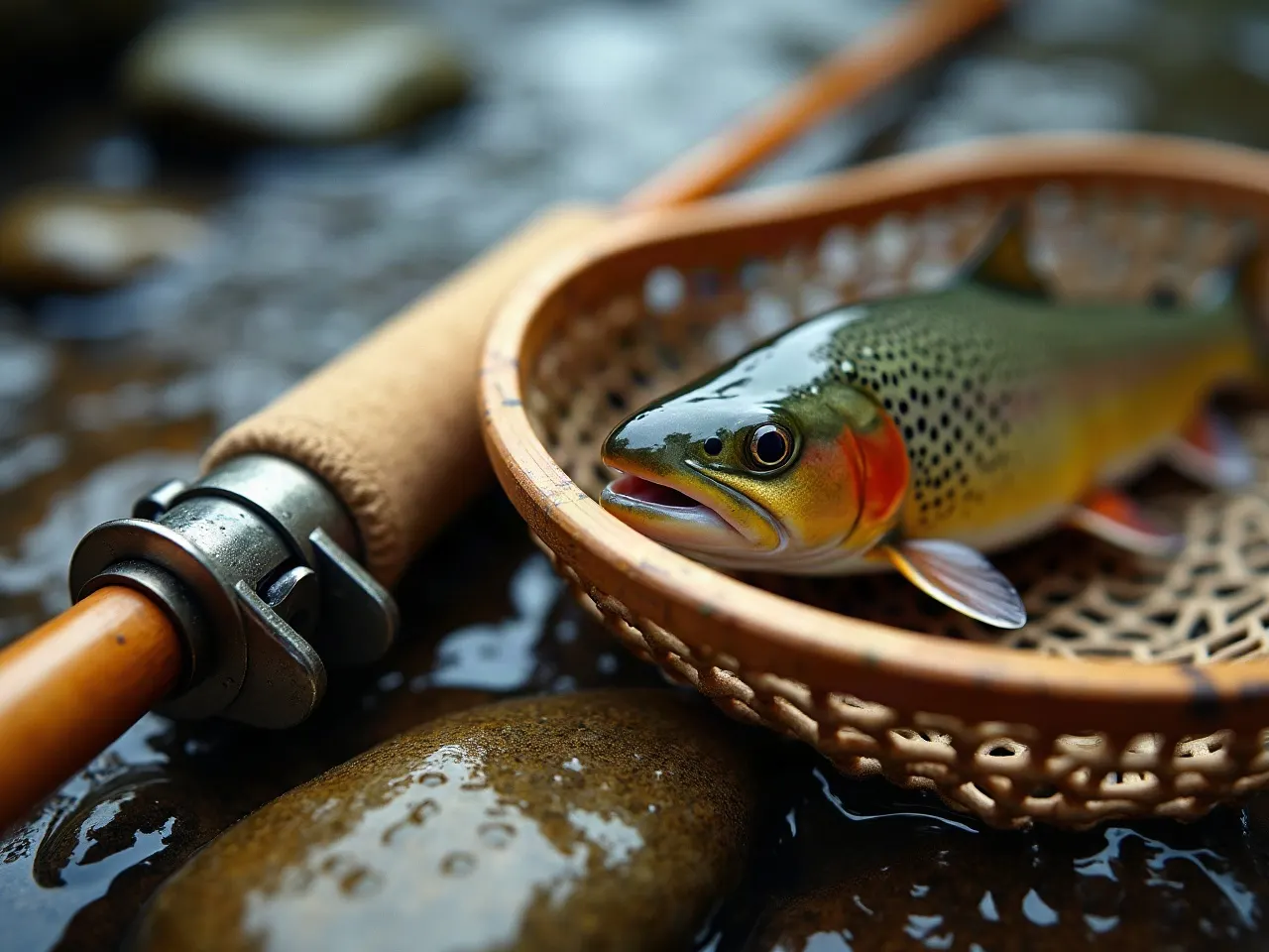 A fly rod and reel on river stones with a brook trout held above the water in a wooden net