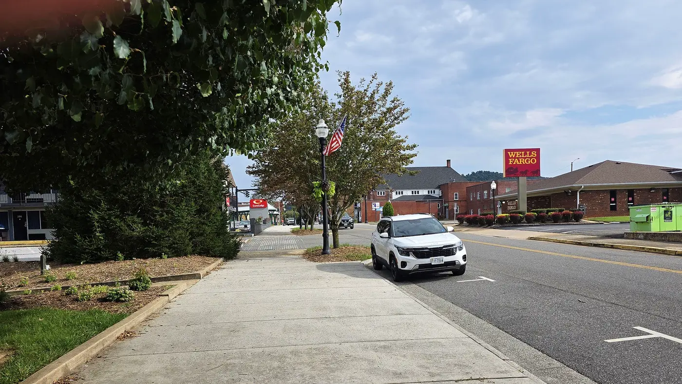Sidewalk along North Main Street in Galax leading toward the shops and the market pavilion