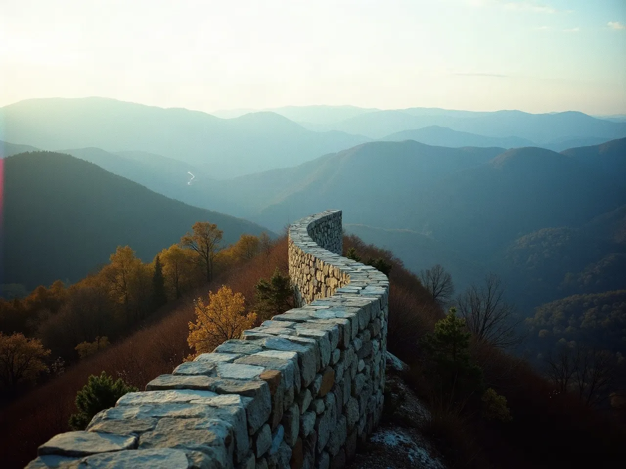 A stone overlook wall on the Blue Ridge Parkway with the road curving away along layered blue mountains