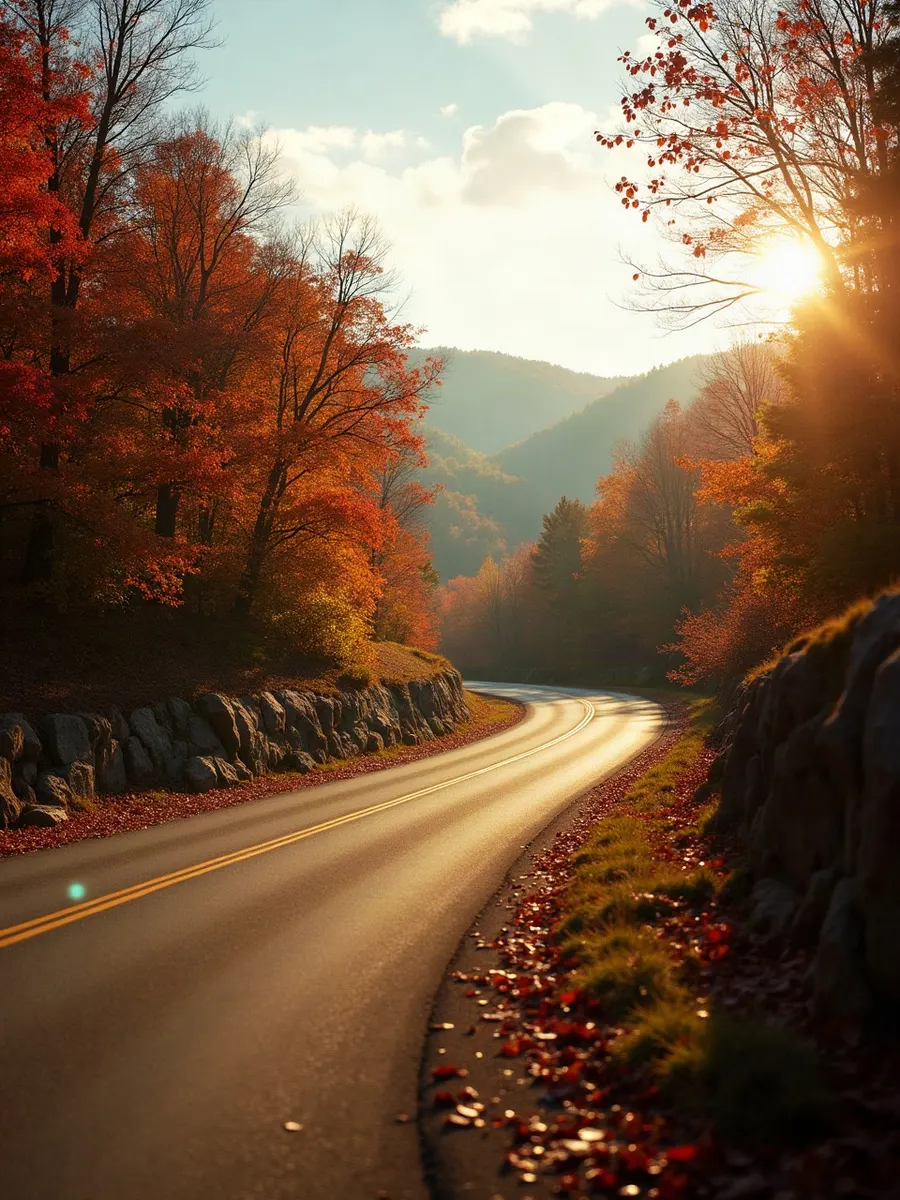 Peak autumn color along a two-lane parkway curving through crimson and gold hardwoods