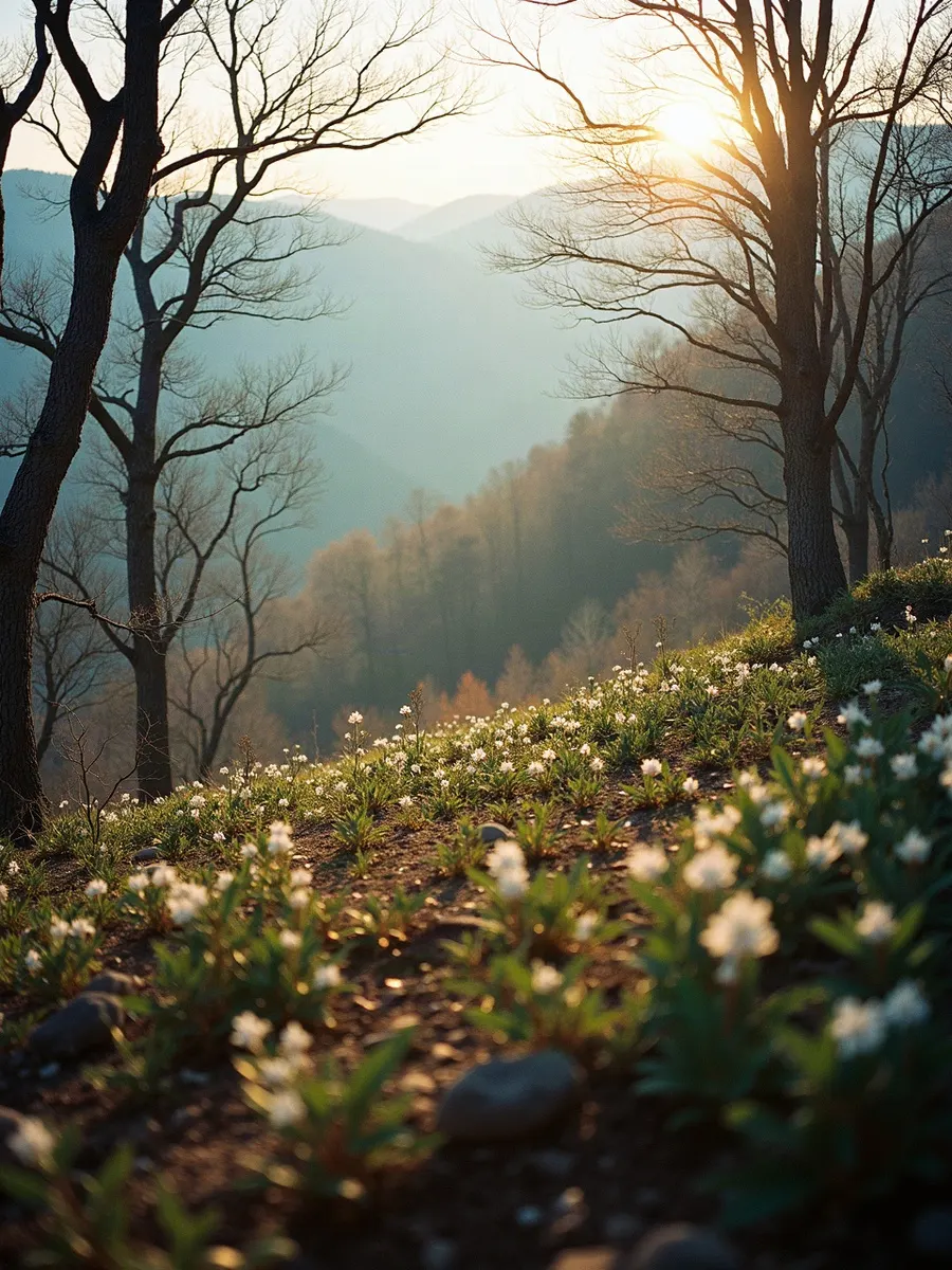 Redbud and dogwood blooming across an Appalachian hillside on a misty spring morning