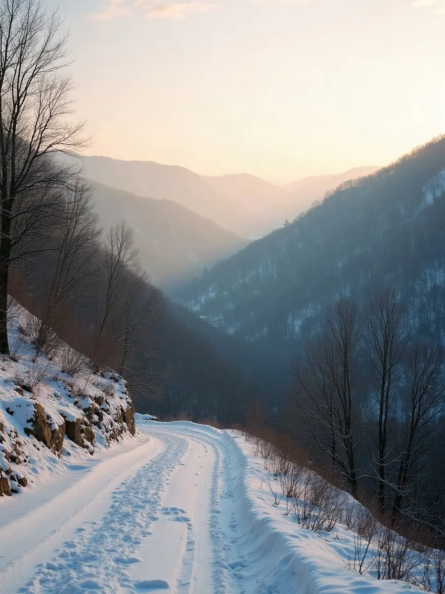 Snow covered Appalachian ridges under a pale winter sky with a road tracing the valley